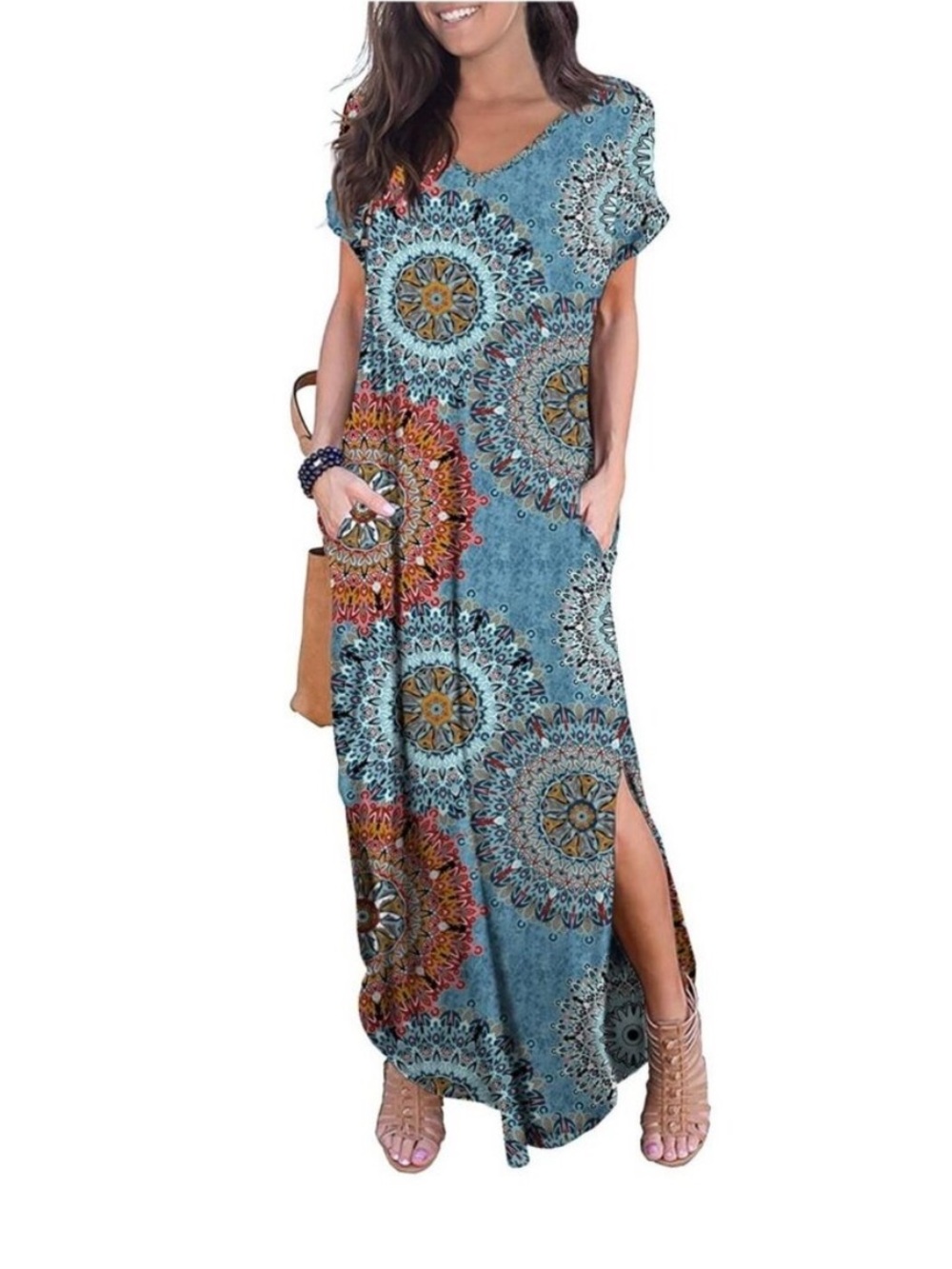 GRECERELLE NWT Teal Red Mandala Maxi Dress L V Neck Boho Festival with Pockets
